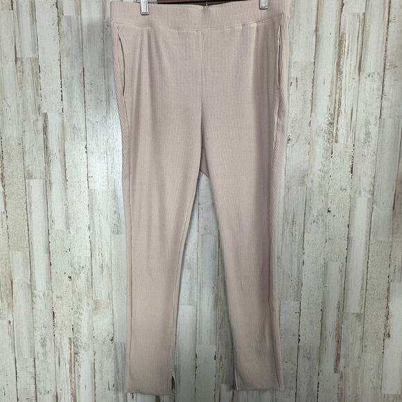 Uniqlo Ribbed Knit Leggings XL Beige Cotton Stretch Loungewear Normcore Cozy EUC - Picture 1 of 9